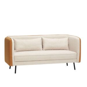 Beige and orange polyester sofa with polyurethane foam filling, and black legs