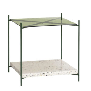 Terrazzo and green metal rectangular coffee table with glass top support. Terrazzo and green metal rectangular coffee table with glass top