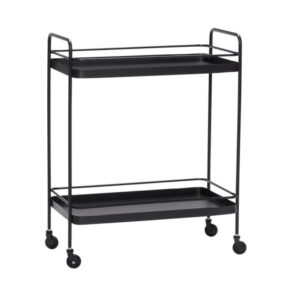 Rectangular black metal mobile gheridon with wheels, shelves, and supports