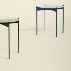 Round Glass Metal Corner Table, Transparent Blue