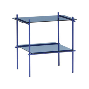 Rectangular glass and metal table with configurable corner shelves