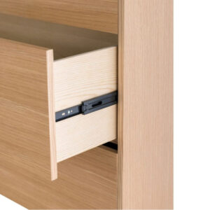 Oak wood veneer chest of drawers with rectangular legs and natural drawers