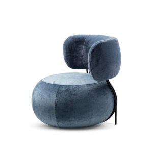 Blue round armchair with metal back and fabric