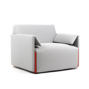 modern white and red armchair with detachable square armrests, made of fabric