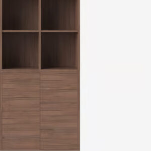 modular walnut shelf with compartments, shelves, and doors