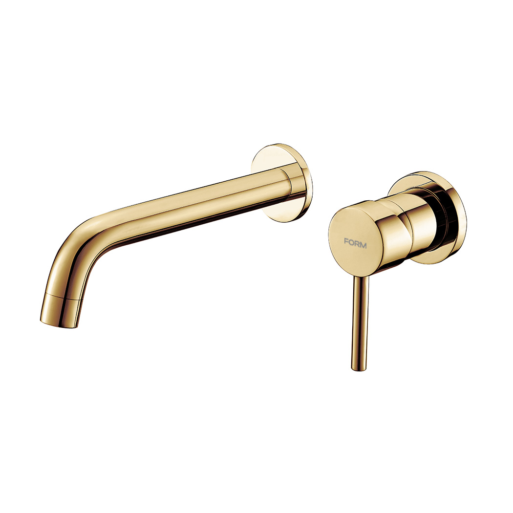 Gold freestanding embedded faucet, suspended metal, bathroom