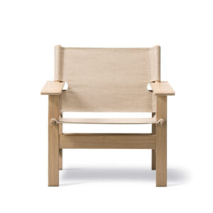 Armchair with natural oak wood frame and canvas upholstery