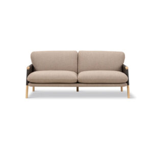 Two-seater textile sofa in beige with wooden frame