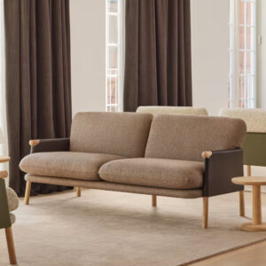Two-seater textile sofa in beige with wooden frame